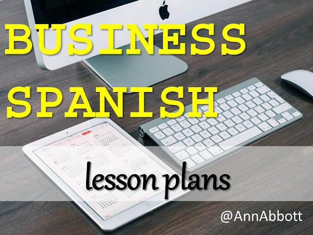 Photo of a computer and tablet with the words Business Spanish Lesson Plans from Annie Abbott