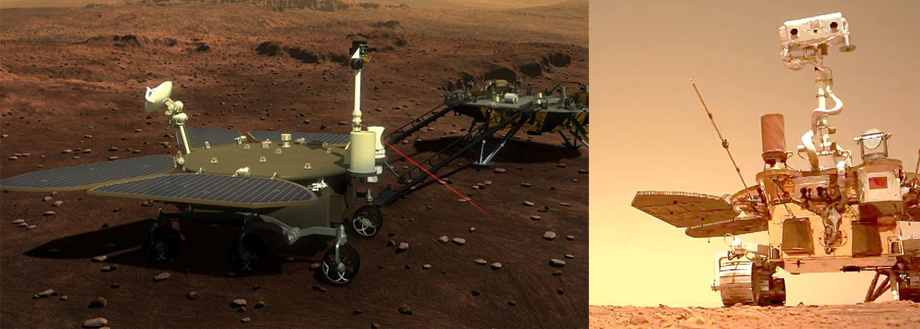 Artist impression of Zhurong rover and lander on the surface of Mars, compared to a photograph or the real rover taken by a Drop Camera placed on the ground by the rover herself before reversing. CNSA, 01 June 2021.