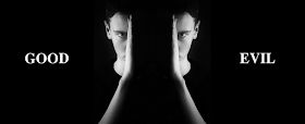A greyscale photo of a man against a black background. Only half of his face can be seen, and he is holding up his hand along the line dividing the visible half of his face from the half shrouded in darkness. This image is mirrored so that the man appears to be split in half with some space between the two halves of his face. On the left side of this man is the word 'good,' and on the right side is the word 'evil.'