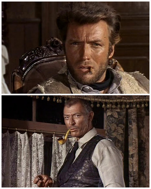 Clint Eastwood et Lee Van Cleef dans ET POUR QUELQUES DOLLARS DE PLUS de Sergio Leone :- C'est une question indiscrète peut-être ?    - Non. J'estime que les questions ne le sont jamais, mais les réponses bien souvent.