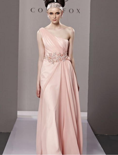 Satin and Chiffon One-Shoulder Sheath Stock Dress with Beaded Appliqued Waistline