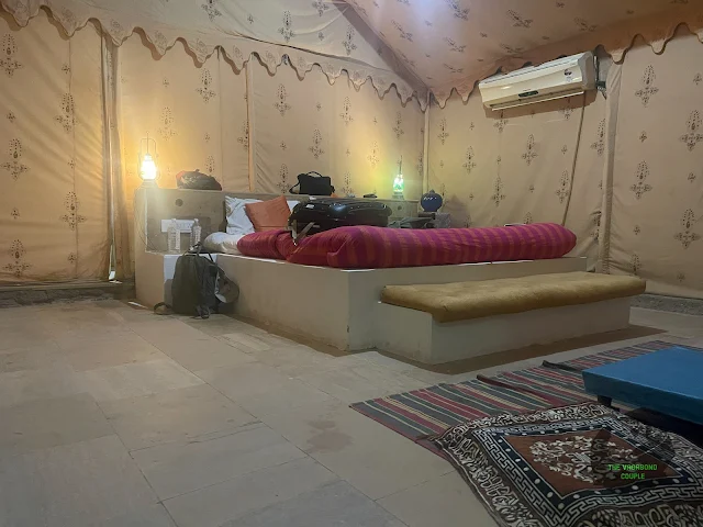 Bedroom of Swiss luxury tent, Sam Sand Dune Desert Camping, Thar Desert, Jaisalmer, Rajasthan, India