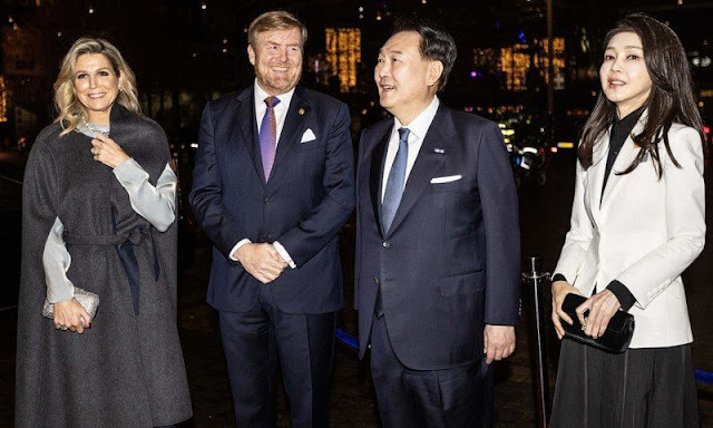 Kim Keon Hee wore a white jacket and black dress, Queen Maxima wore a silk satin dress and gray cashmere cape by Natan
