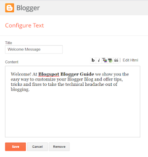 How to Use the Text Gadget to Create a Blog Welcome Message on the Homepage of a Blogspot Blog - Example Welcome Message