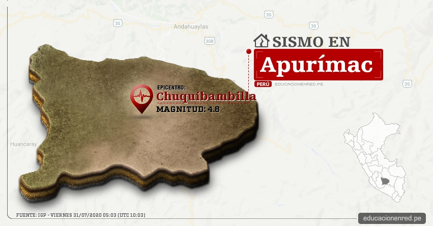 Temblor en Apurímac de Magnitud 4.8 (Hoy Viernes 31 Julio 2020) Sismo - Epicentro - Chuquibambilla - Grau - IGP - www.igp.gob.pe