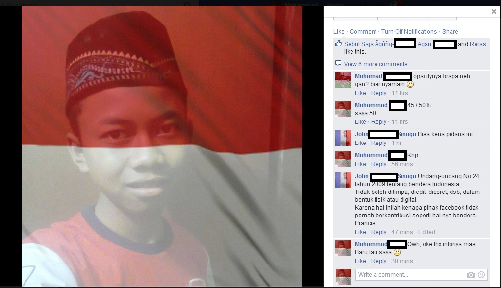 Memasang foto profile Facebook bendera Indonesia melanggar UU No.24 tahun 2009