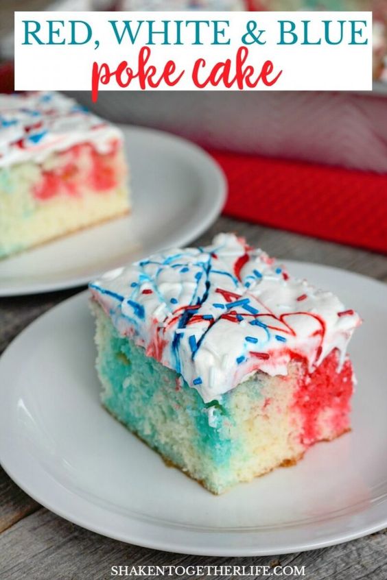 With dazzling pops of red and blue cake tucked under a layer of colorful whipped topping and sprinkles, this Red, White & Blue Poke Cake is an easy patriotic dessert that will be the star of the 4th of July!
