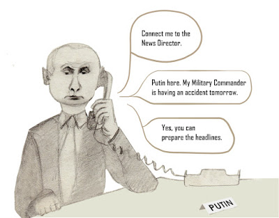 Caricature of Putin on the phone to his Director of Propaganda to prepare the headlines because his military chief is going to have an accident