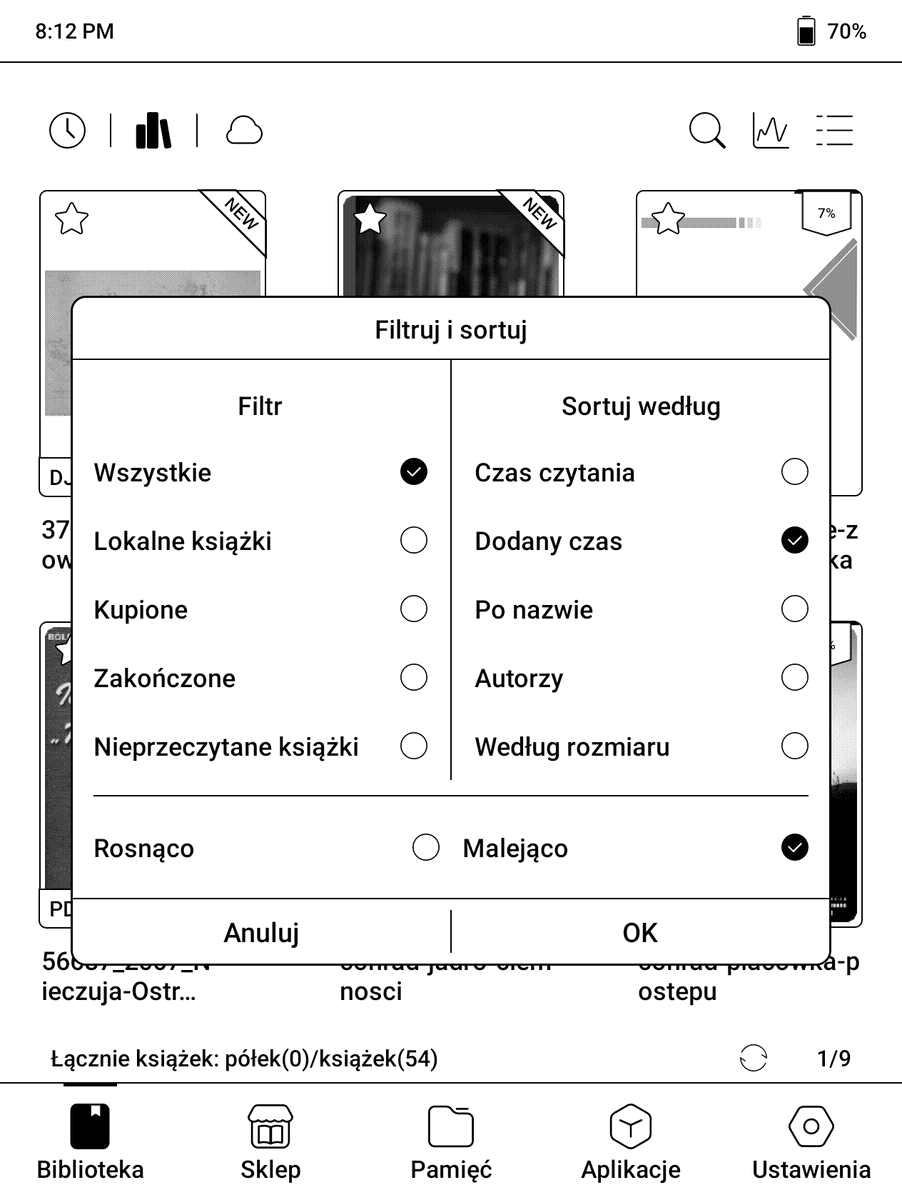 Onyx Boox Page – opcje sortowania i filtrowania e-booków w bibliotece