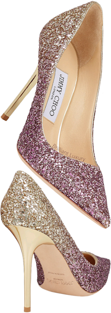 ♦Jimmy Choo Abel gold & red degrade coarse glitter pointed toe pumps #jimmychoo #shoes #brilliantluxury