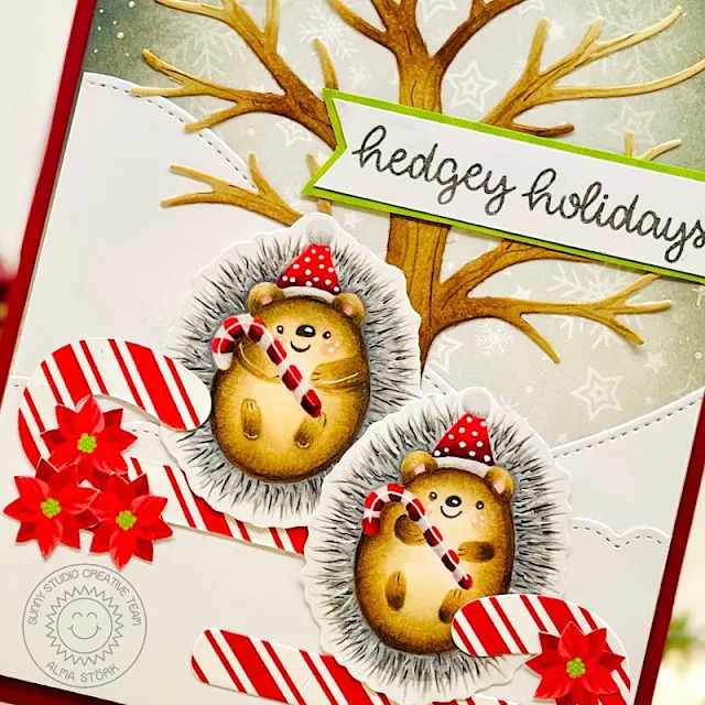 Sunny Studio Stamps: Joyful Holiday Paper Focused Holiday Card by Alma Störk (featuring Hedgey Holidays, Autumn Tree Dies)