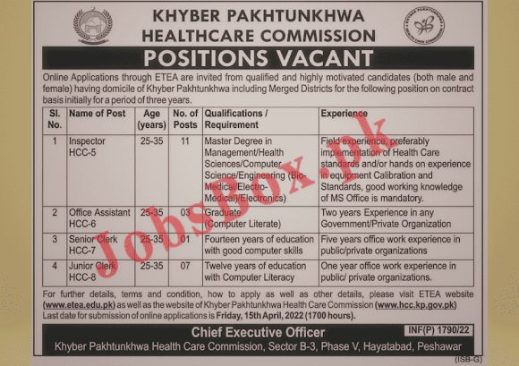 Latest Govt Jobs Today  In KPK Healthcare Commission Jobs 2022 via ETEA – www.hcc.kp.gov.pk