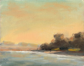 Oil painting of a distant coastal scene close to sunset.