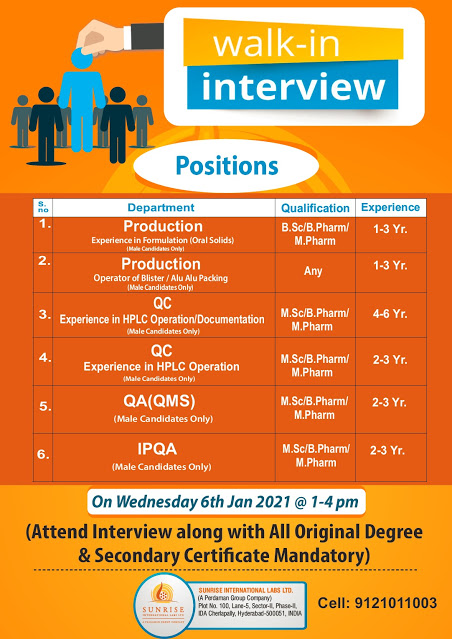 Sun Rise Labs | Walk-in interview for Production/QC/QA on 6th Jan 2021