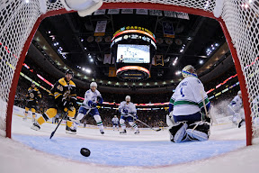 Milan Lucic scores a five-hole goal against Roberto Luongo