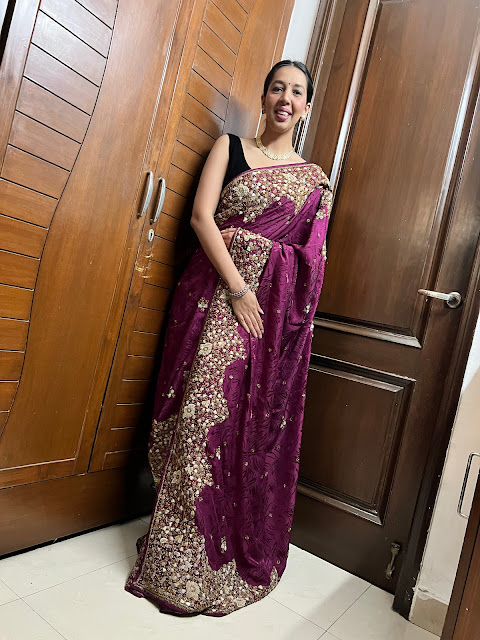 Aubergine hand embroidered saree