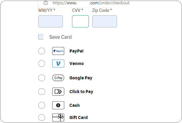 screenshot of digital payment choices at pizza order website