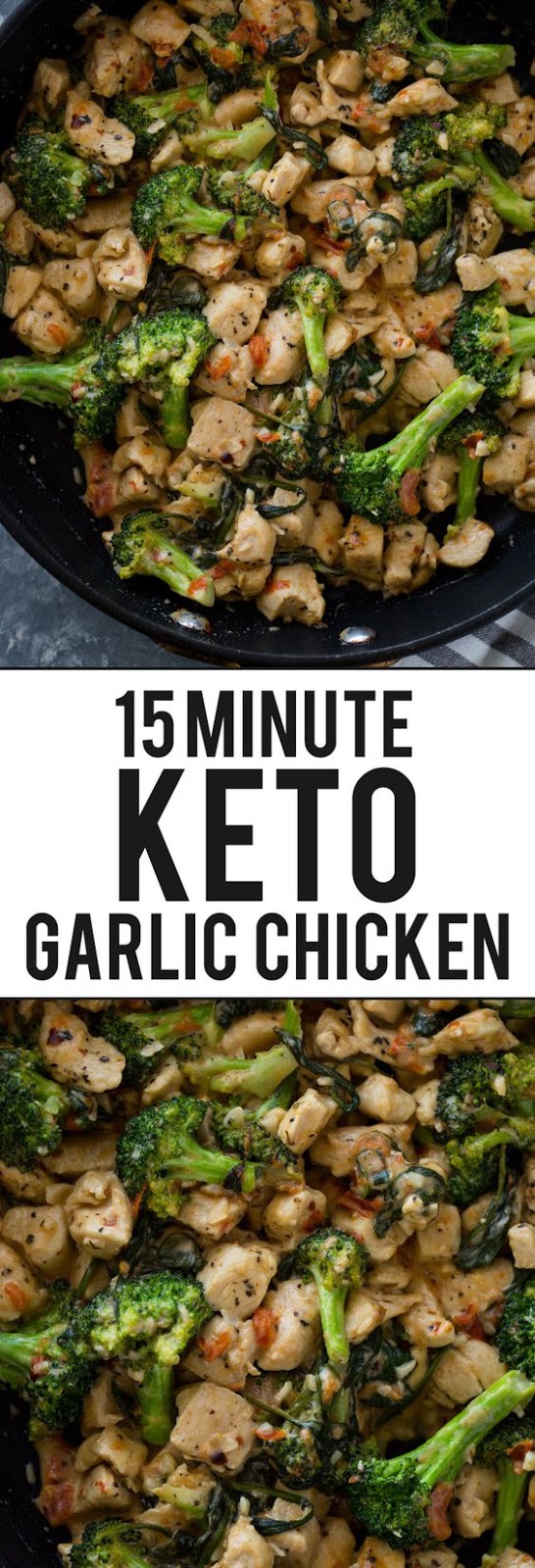 Cheesy garlic chicken bites cooked in one pan with broccoli and spinach in under 15 minutes. This quick tasty dish is a great keto option and can be served with zoodles or pasta!