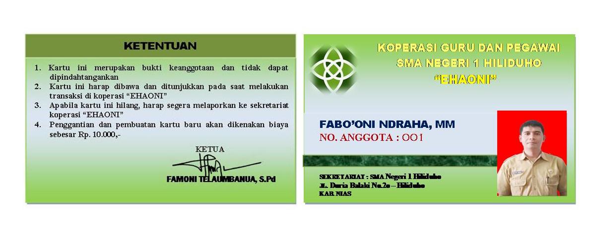 CONTOH KARTU ANGGOTA ~ KOPERASI EHAONI