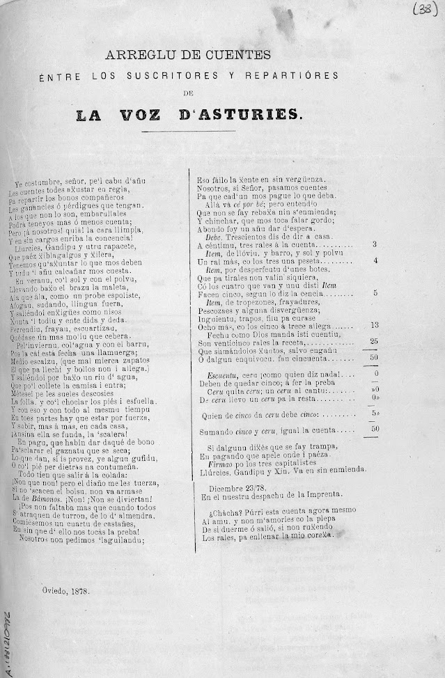 añu 1878: Arreglu de cuentes entre los suscritores y repartióres de La Voz d'Asturies ... de Xuan María Acebal