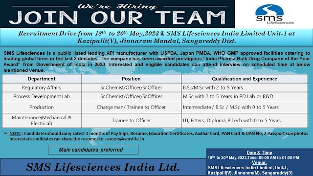 SMS Pharmaceuticals | Walk-in interview for Freshers and Experienced from 18th to 20th May 2023