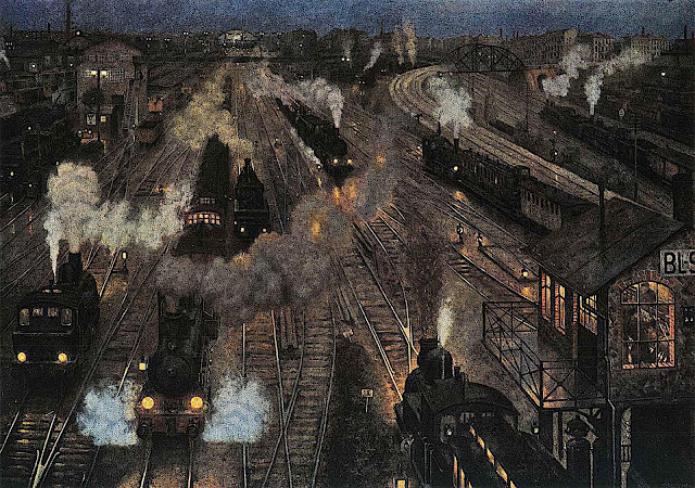 Hans Baluschek 1904 art, a busy train yard at night