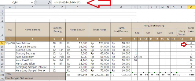 Menghitung total laku di excel