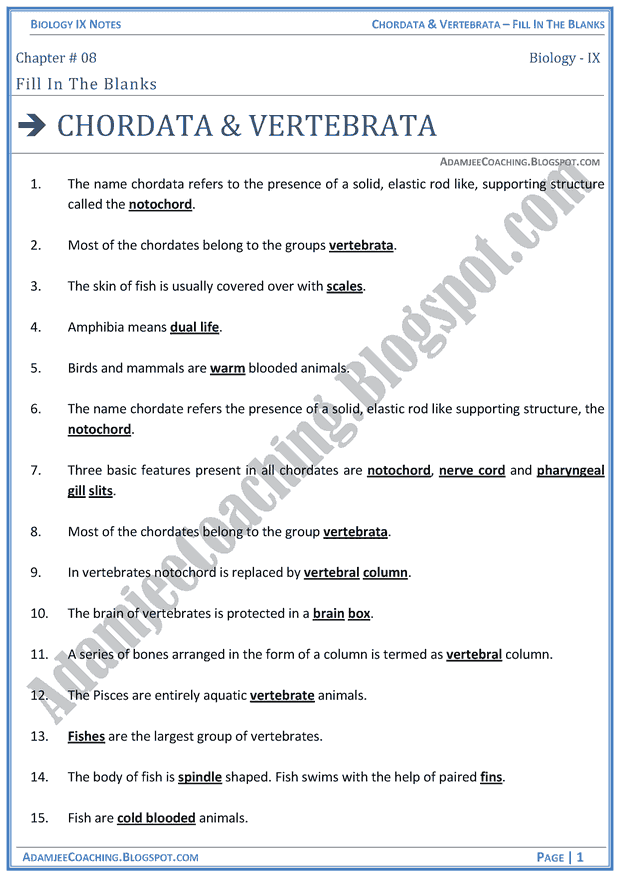 chordata-and-vertebrata-fill-in-the-blanks-biology-notes-for-class-9th