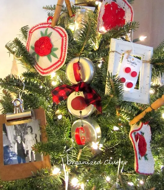 Re-purposed Christmas Tree Ornaments & a Small Tree in a Crock www.organizedclutterqueen.blogspot.com