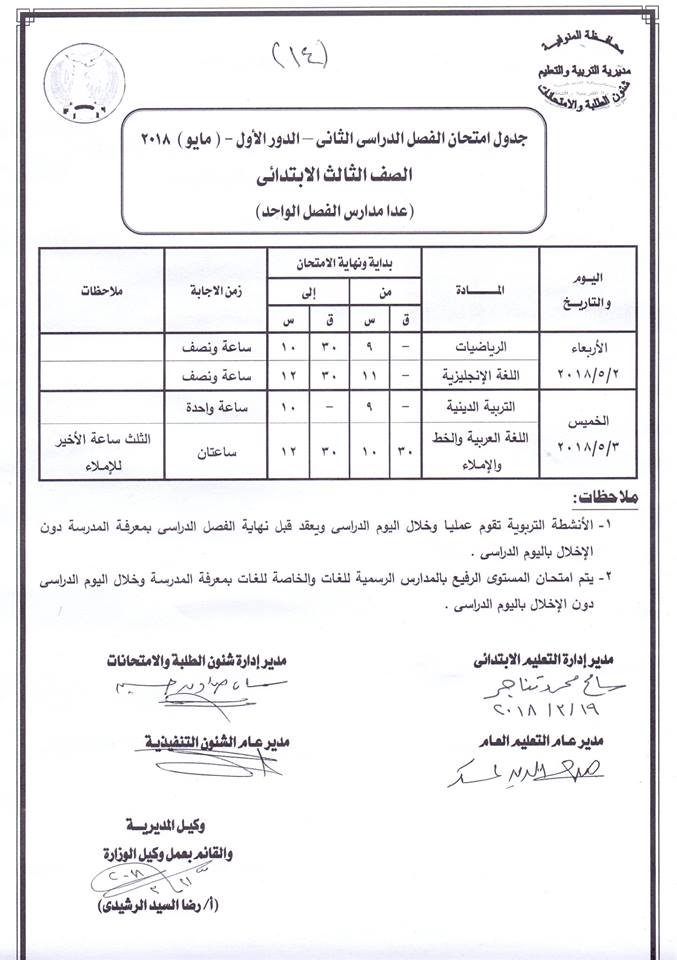 جدول امتحانات الصف الثالث الأبتدائي 2018 محافظة المنوفية الترم الثاني " آخر العام "