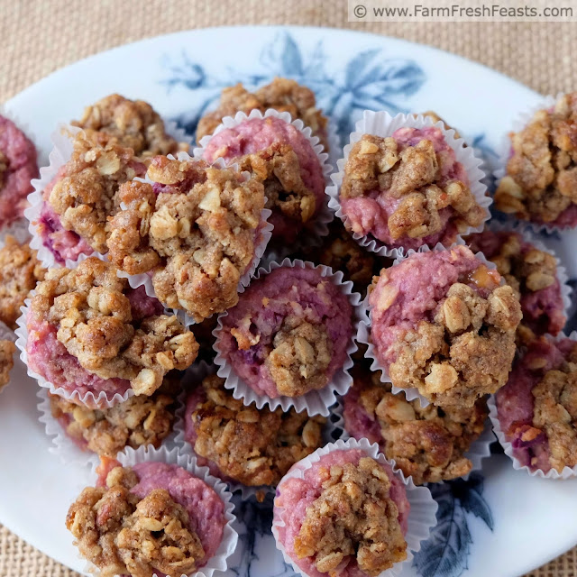 close up of a plate of purple sweet potato muffins with streusel topping