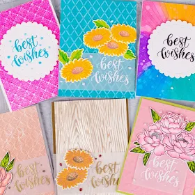 Sunny Studio Stamps: Cheerful Daisies, Pink Peonies, Dapper Diamonds, Moroccan Circles, Woodgrain, Sunburst Embossing cards and video tutorial by Rebecca Keppel