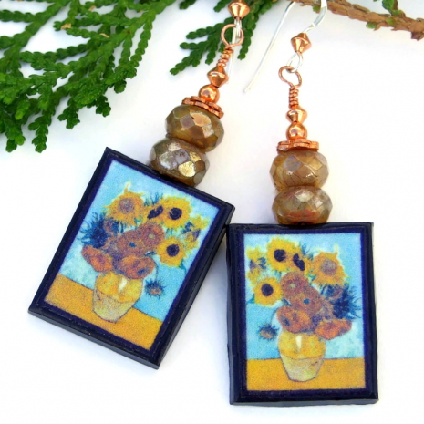 sunflowers polymer clay handmade earrings vincent van gogh