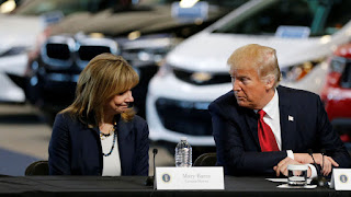 Mary Barra, CEO of General Motors, talks with President Trump at a press event in Ypsilanti Township, Michigan in March 2017. (Credit: Reuters/Jonathan Ernst) Click to Enlarge.