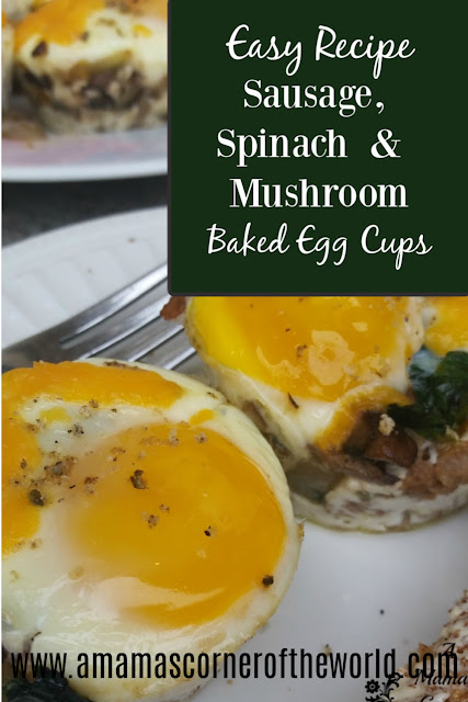 pinnable image for sausage spinach and mushroom baked egg cups recipe