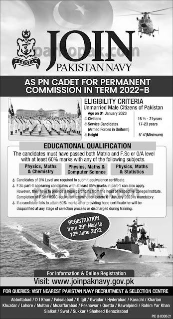 Join Pak Navy as PN Cadet for Permanent Commission 2022-B