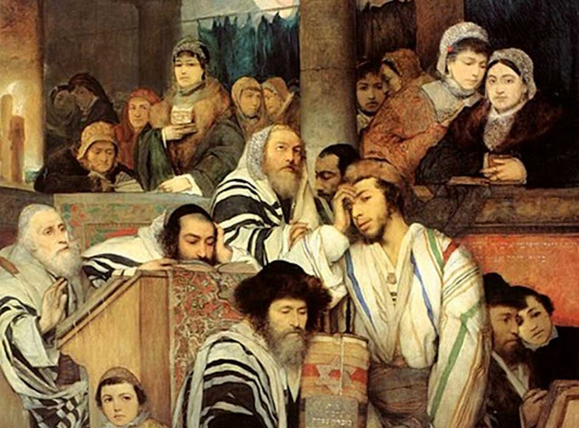 Фрагмент «Евреи-ашкенази, молящиеся в синагоге в Йом-Кипур». (Картина Мориса Готлиба, 1878 г)