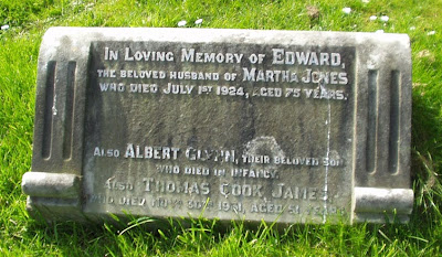 A colour photo of a low gravestone, only three names. In Loving Memory of Edward the beloved husband of Martha Joneswho died July 1st 1924, aged 75 years