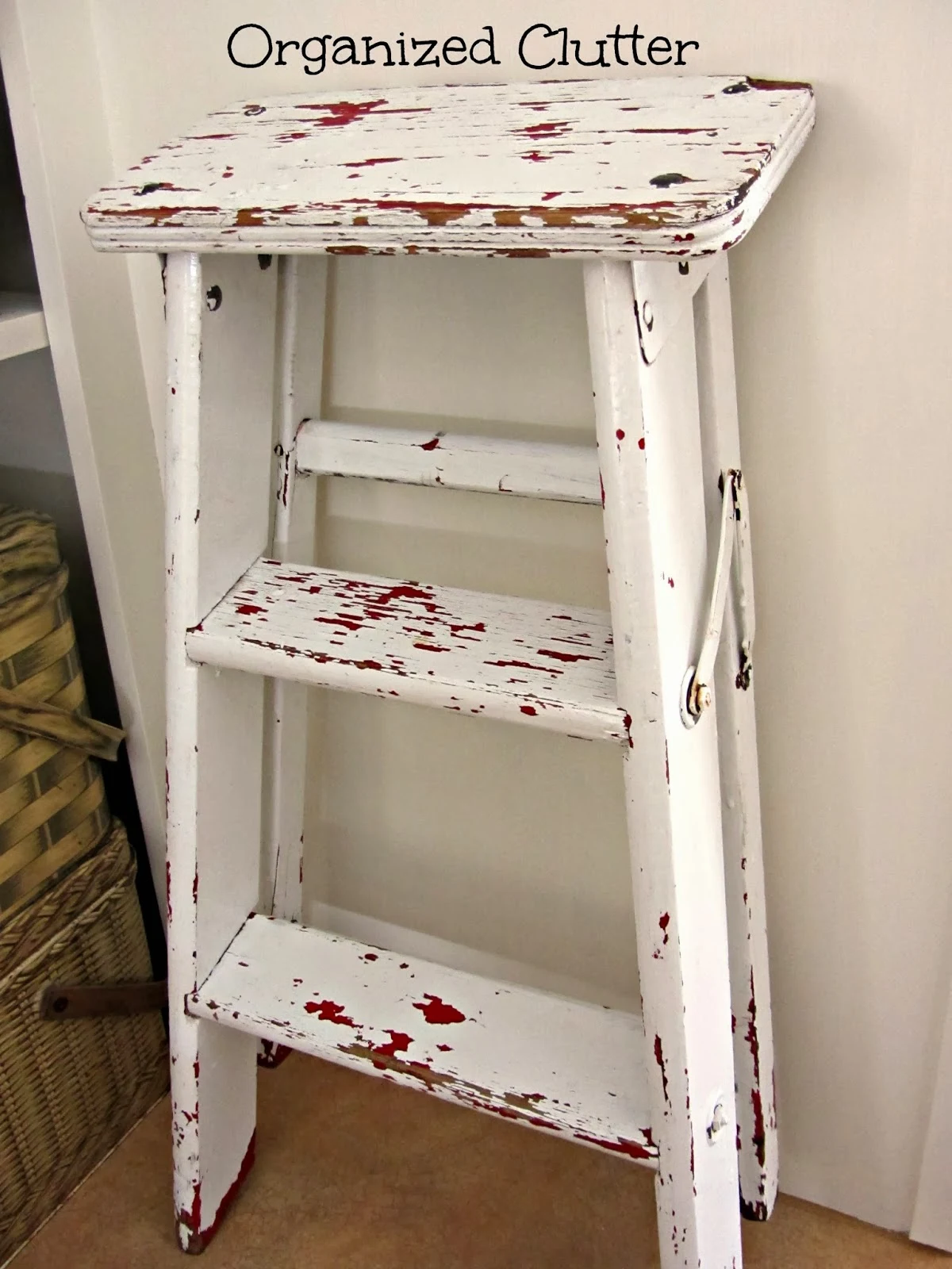 A Chippy, Shabby, Little Step Stool www.organizedclutterqueen.blogspot.com