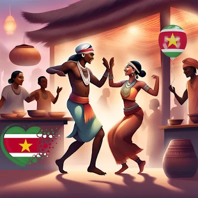 "Illustration of Surinamese people dancing and celebrating srefidensi, their National Independence day"