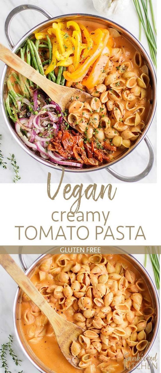 Vegan Creamy Tomato Pasta / This gluten free pasta is am easy one pot pasta recipe. Smothered in a dairy free creamy tomato pasta sauce, and loaded with sauteed veggies. A great easy dinner! | SUNKISSEDKITCHEN.COM | #sunkissedkitchen #creamytomato #vegan #onepot #onepotpasta #cashewsauce