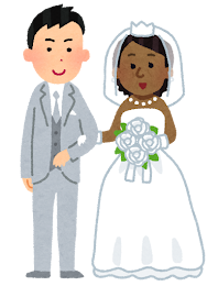 国際結婚をしたカップルのイラスト（白人・黒人）