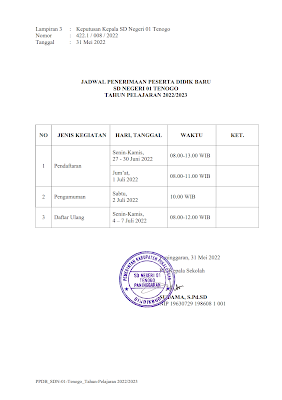 Penerimaan Peserta Didik Baru SDN 01 Tenogo Tahun Pelajaran 2022/2023