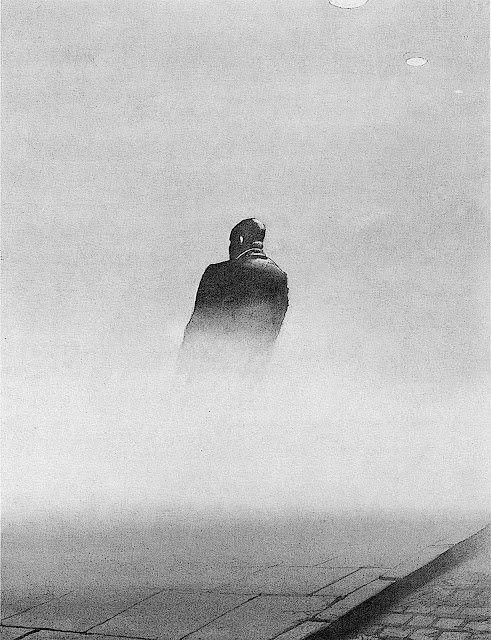 a Hans Hillmann illustration 1960s, a man in urban fog
