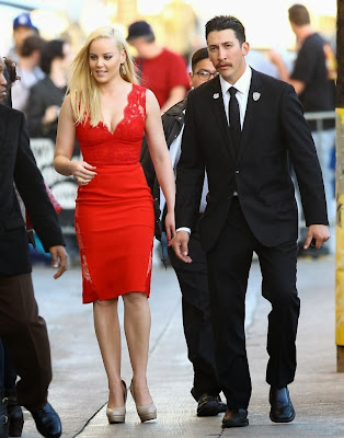 Abbie Cornish cleavage in red lace dress at Jimmy Kimmel Live