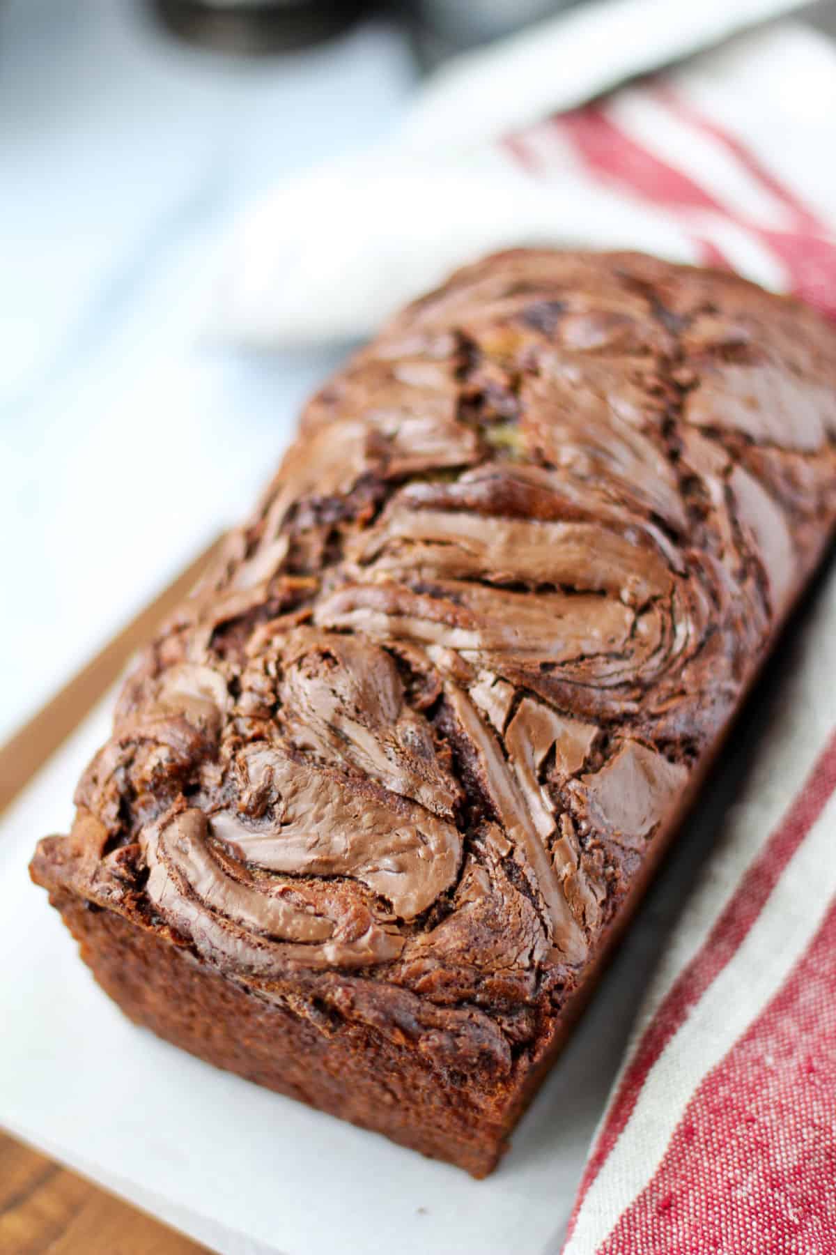 Banana Bread with Swirls of Nutella loaf uncut.