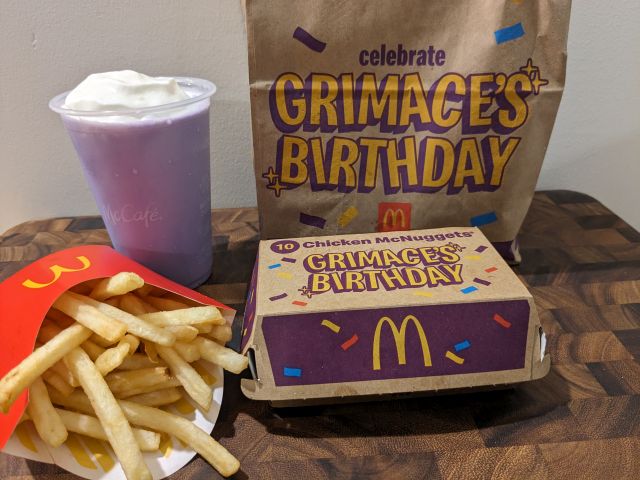 McDonald's Grimace's Birthday Meal with Chicken McNuggets.