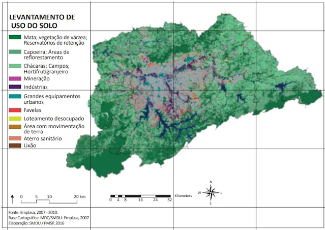 Os mapas a seguir apresentam informações sobre classes de uso e ocupação, chuvas e declividades da RMSP