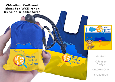 Image of Co-Branded ChicoBag that looks like the Ukrainian flag and has printed on it "World Central Kitchen".