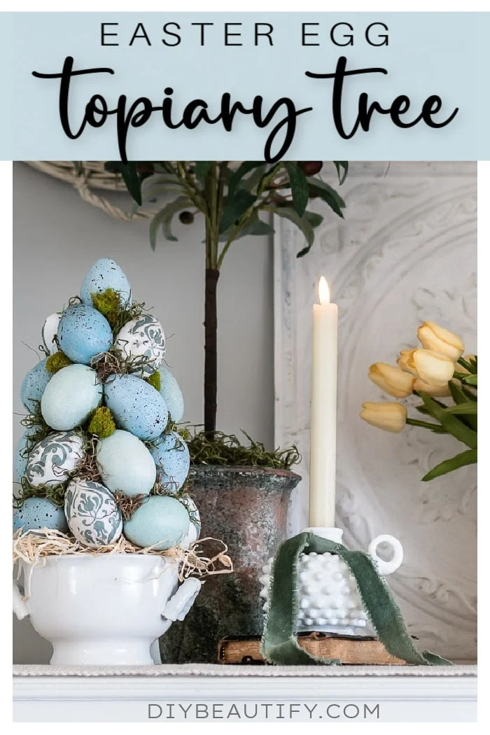 Easter egg topiary, hobnail milk glass candle holder, tulips